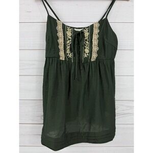 Mine Lace Up Embroidered Baby Doll Top Dark Green Boho Festival Size S